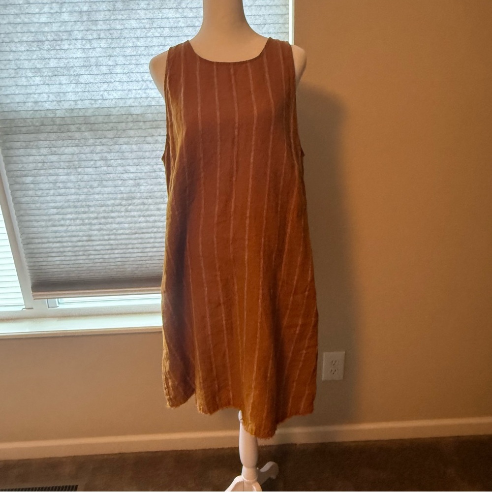 Garnet hill linen sleeveless rust Brown Striped Dress Sz 12